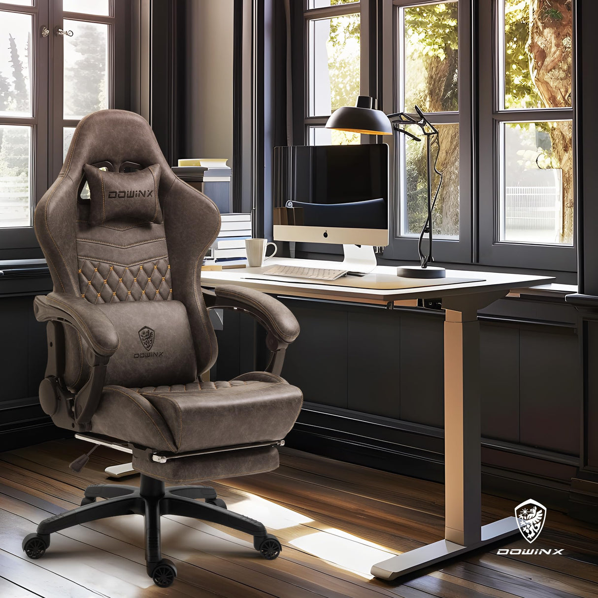 Dowinx Gaming Chair Office Desk Chair with Massage Lumbar Support, Vintage Style Task Chair PU Leather High Back Gamer Chair with Retractable Footrest (Brown) Dowinx