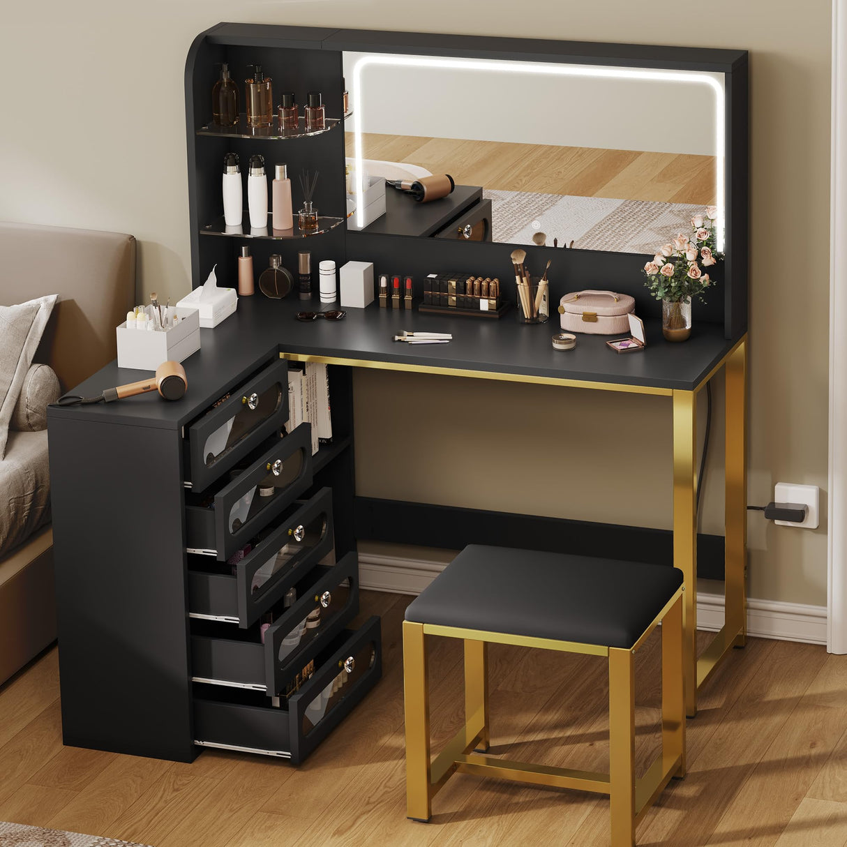 YITAHOME Vanity Desk Set- L Makeup Vanity with Mirror and Lights 3 Lighting Modes, 48" Large Dressing Table with 5 Tempered Glass Drawers with Open Storage Shelves Vanity Table, Black Upgraded YITAHOME