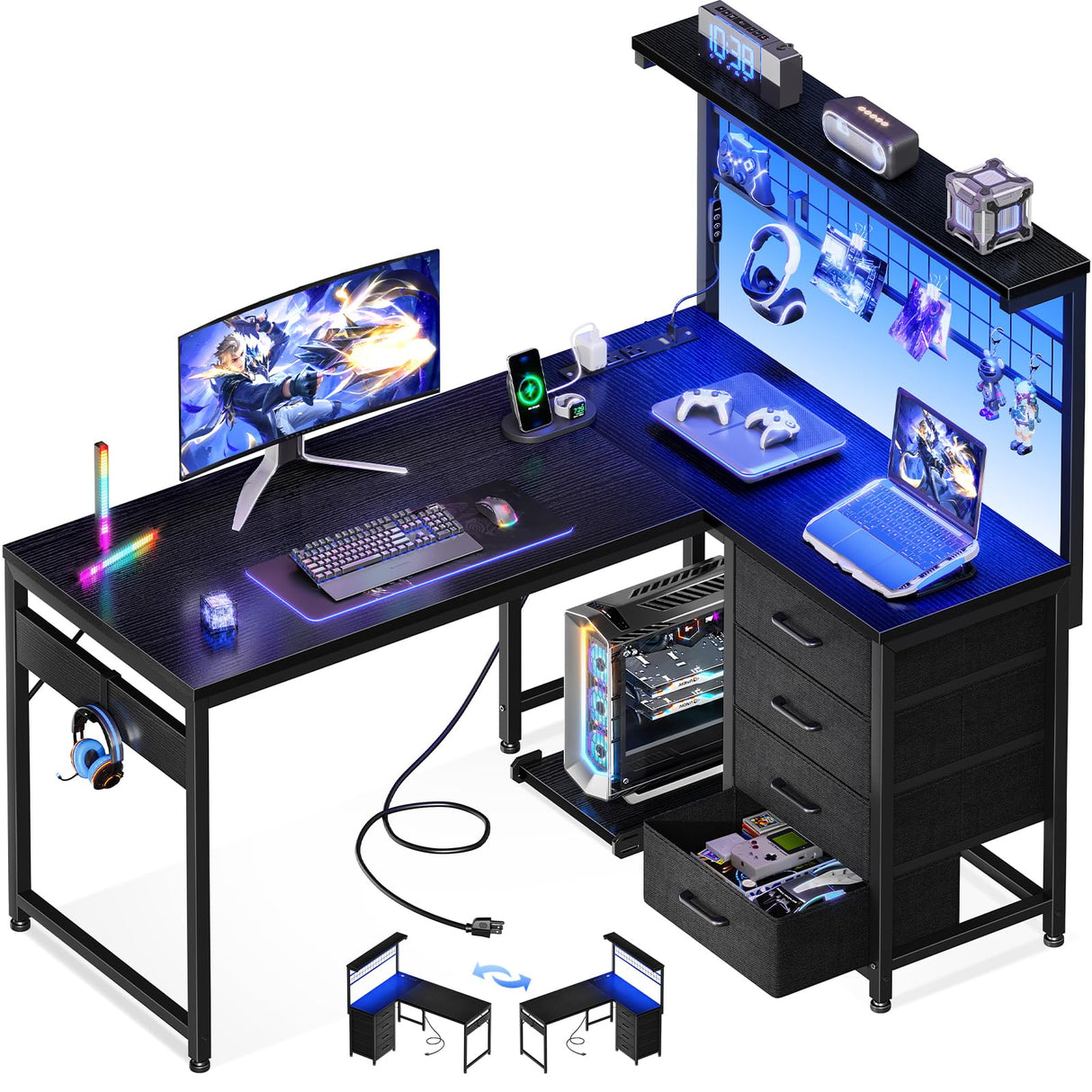 MOTPK L Shaped Gaming Desk with Shelf & 4 Drawers, 43" Reversible Computer Desk with LED Light, Home Office Table with Hutch and Hook, Black MOTPK