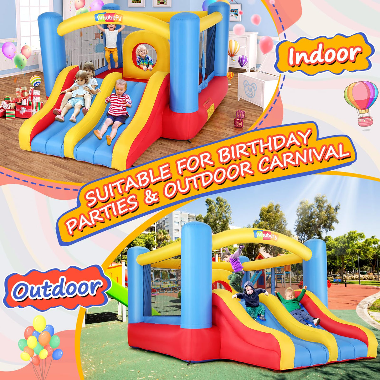 Whubefy Bounce House, Inflatable Bounce House for Kids 3-6 Big Kids 8-12, Indoor/Outdoor Double Slide Obstacle Bouncer with Blower, 12 x 9FT Jumping Castle with Center Hoop for Family Backyard Wesoky