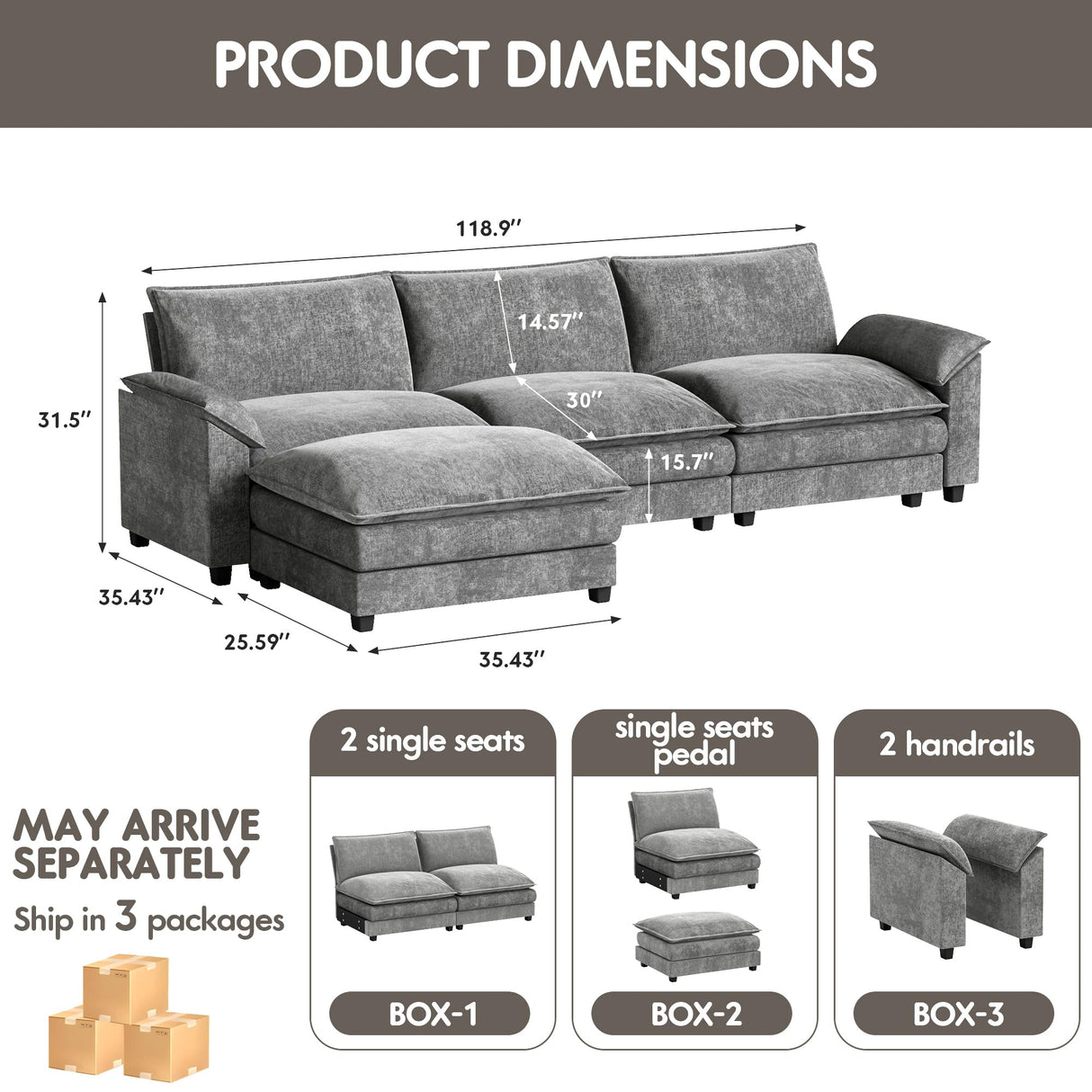 Homall 119" Modular Sectional Sofa, L Shaped Sofa Couch with Reversible Ottoman, DIY Combination Chenille Deep 3-Seat Cloud Couch for Living Room, Apartment (Light Grey, L Shaped Sofa) Homall