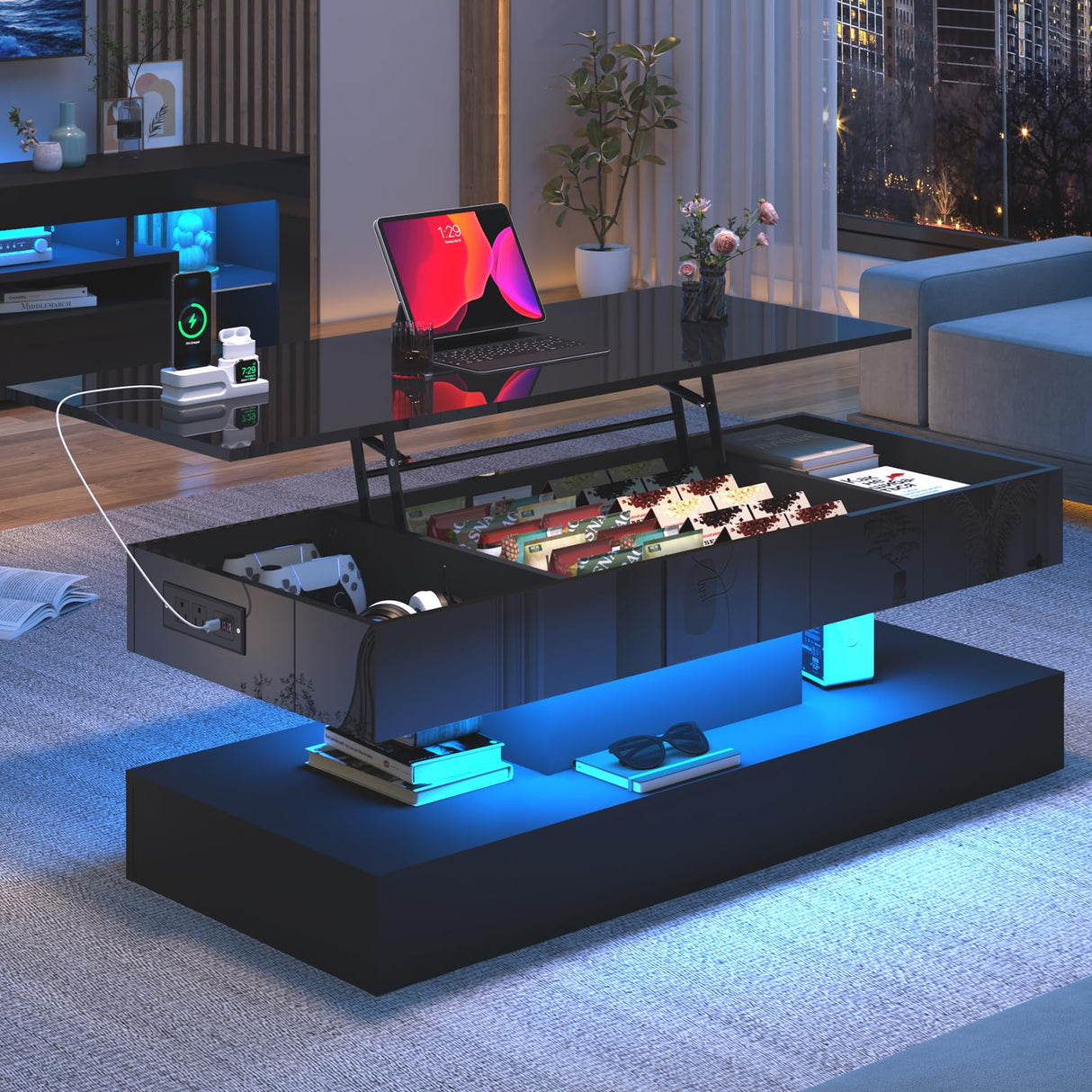 47.2" Large Lift Top Coffee Table,Modern High Glossy LED Coffee Tables for Living Room with Storage,Black Living Room Tables for Living Room,Dining Room,Bedroom Home Office,APP LED Lights(Black) chartustriable
