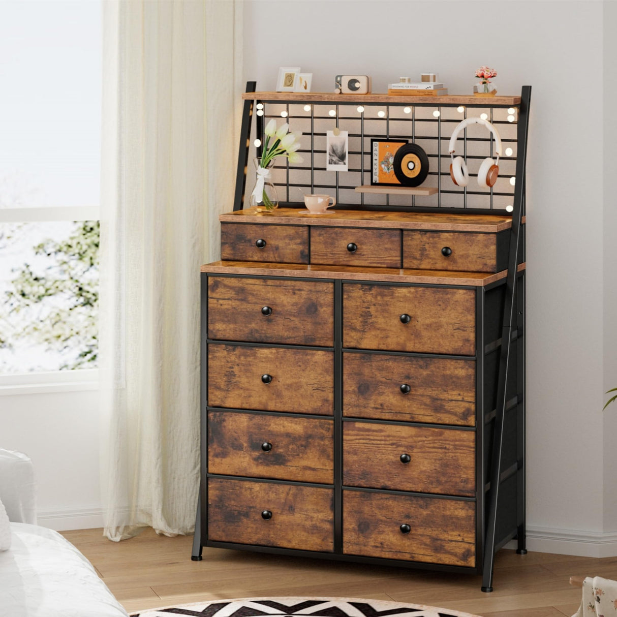 EnHomee Dresser for Bedroom with 11 Drawers Tall Dresser with LED Lights Fabric Chests of Drawers with Grid Wall Panel,3 Tier Shelves,Metal Frame,Closet,Study,Rustic Brown,33.9" Wx11.8 Dx51.2 H EnHomee