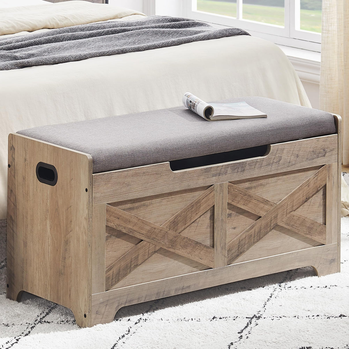 coucheta Storage Chest, Farmhouse Storage Trunk, Wooden Entryway Storage Bench with Safety Hinge and Lift-Top for Entryway, Bedroom, Living Room, Grey coucheta