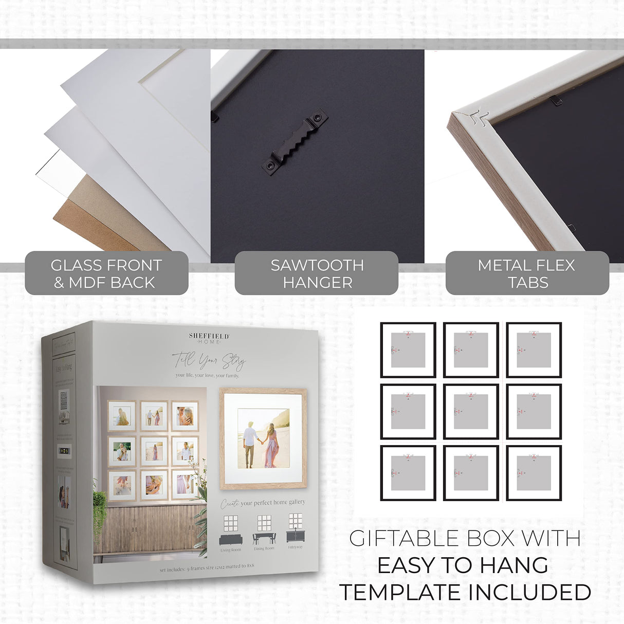 SHEFFIELD HOME 9 Piece Gallery Wall Frame Set, 12x12 in. Matted to 8x8 in. (Light Natural) SHEFFIELD HOME