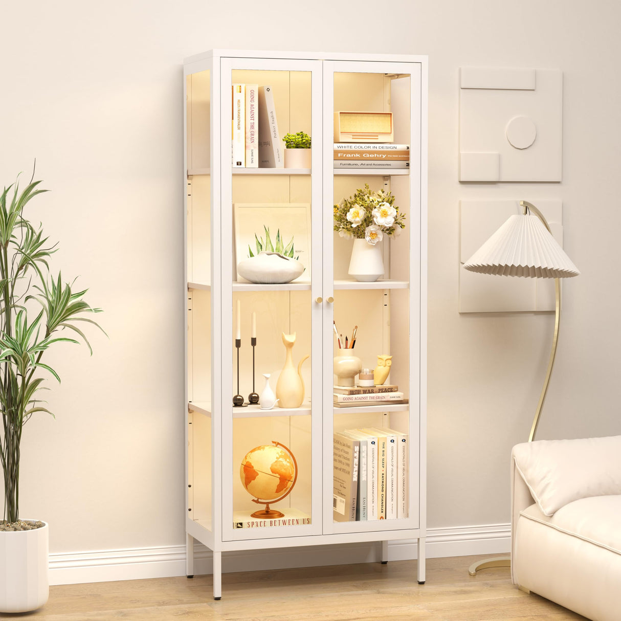 SteeLoong Glass Display Cabinet with 3 Lights,66”Metal White Display Cabinet with Glass Doors and 3 Adjustable Shelves,Curio Display Case for Livingroom SteeLoong