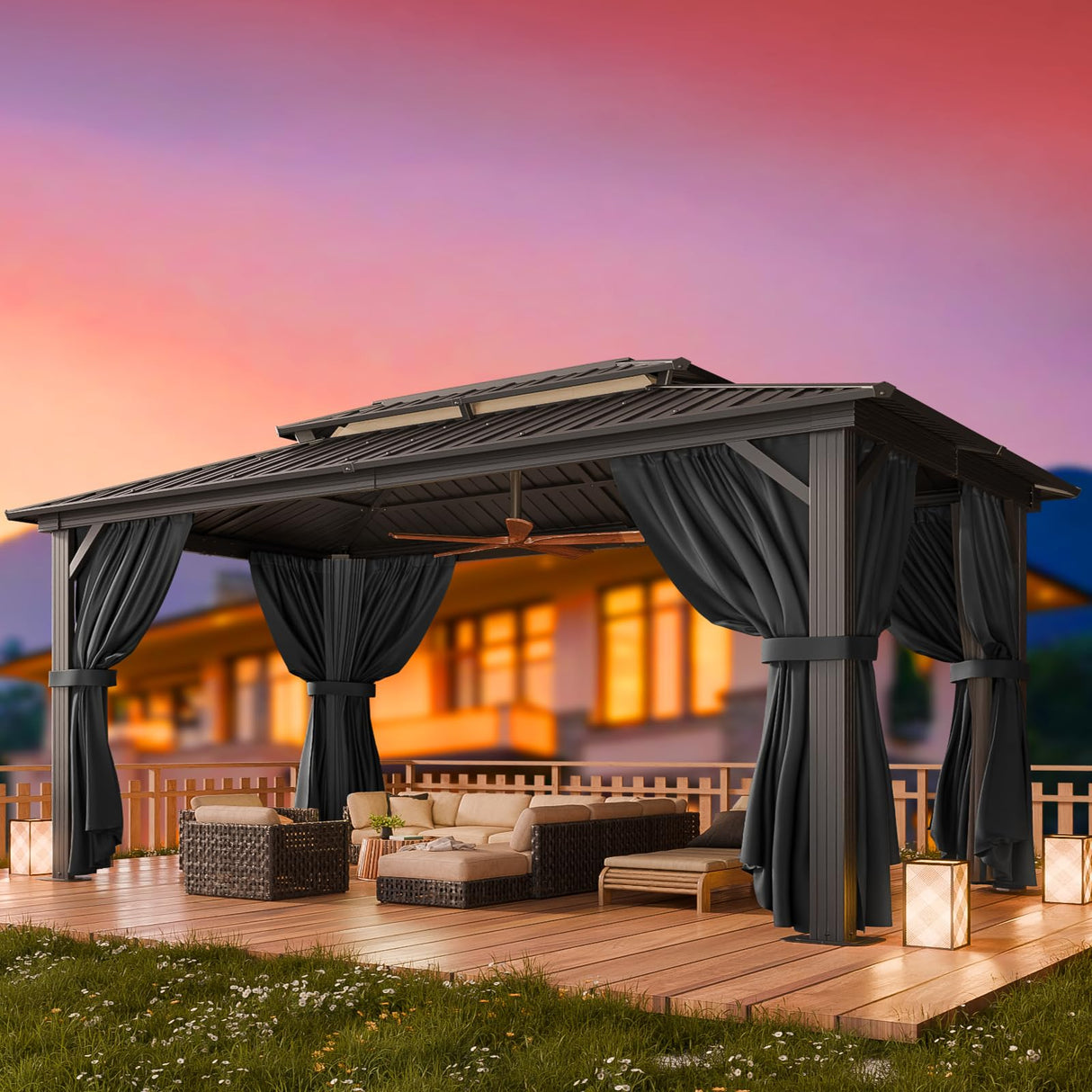 HOTEEL 10x15 Hardtop Gazebo with Heavy Duty Galvanized Steel Double Roof, Aluminum Frame, Flame-Resistant Curtains and Netting, Outdoor Permanent Pavillon for Backyard, Black Hoteel