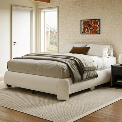 ZENBEDING Cloud Platform Bed Frame Queen Size, Soft Boucle Bed Frame with Round Corner, Upholstered Queen Bedframe with Heavy Duty Wood Slat, No Box Spring Needed, Easy Assembly, White
