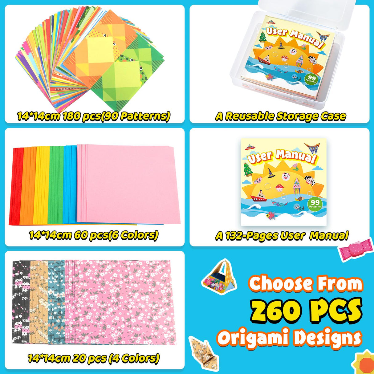 Origami Kit for Kids Ages 5-8 8-12, 260 Sheets Origami Paper with 99 Patterns and Guiding Book, Funtopia DIY Craft Art Projects Supplies for Boys Girls, Travel School Vacation Activities Toy Funtopia