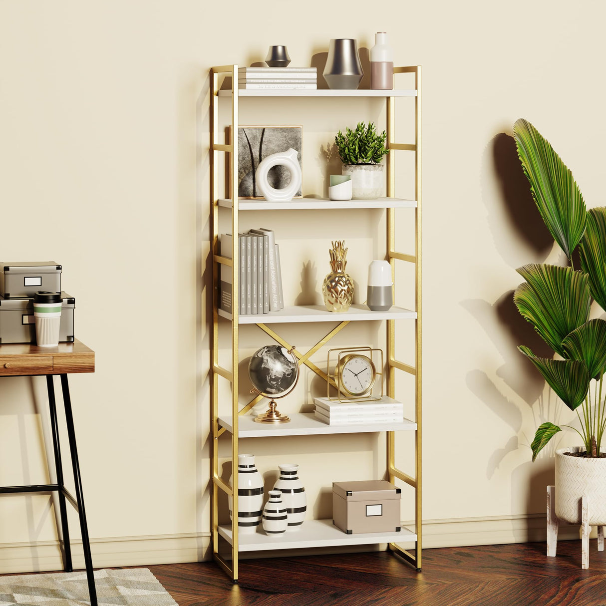 Shintenchi 5-Tier Industrial Gold Bookshelf – Modern Multi-Functional Bookcase for Home & Office Shintenchi