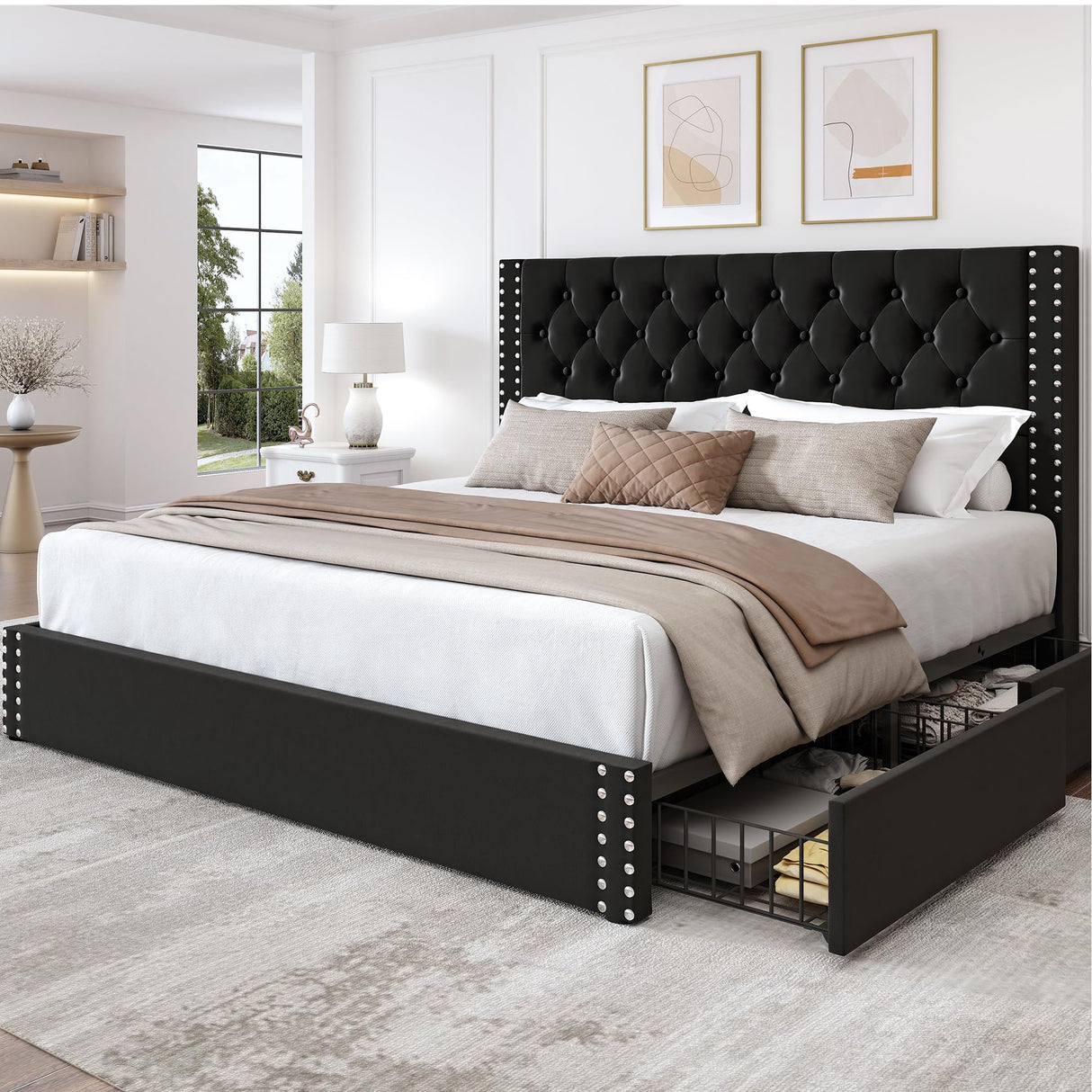 LARMACE King Size Bed Frame with Storage and Tufted Headboard Velvet Upholstered Platform Bed Frame with 4 Drawers, Wood Slats Support, Easy Assembly, Noise-Free, Black LARMACE