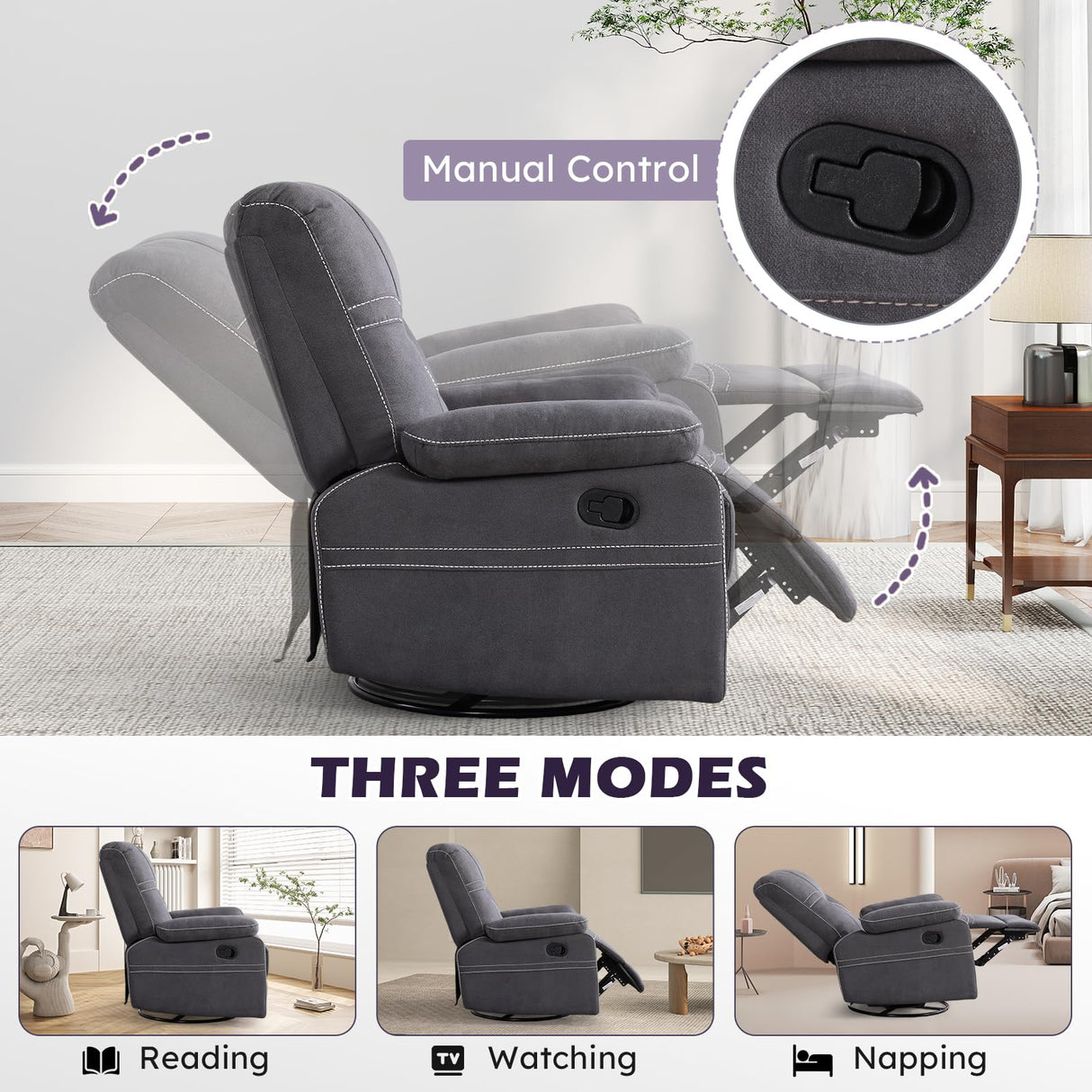 ANJ Oversized Swivel Rocker Recliner Chair for Adults, Manual Rocking Recliner Glider Recliner Nursery Chair Clearance with Decorative Stitching Soft Fabric Thick Cushion for Living Room Bedroom ANJ