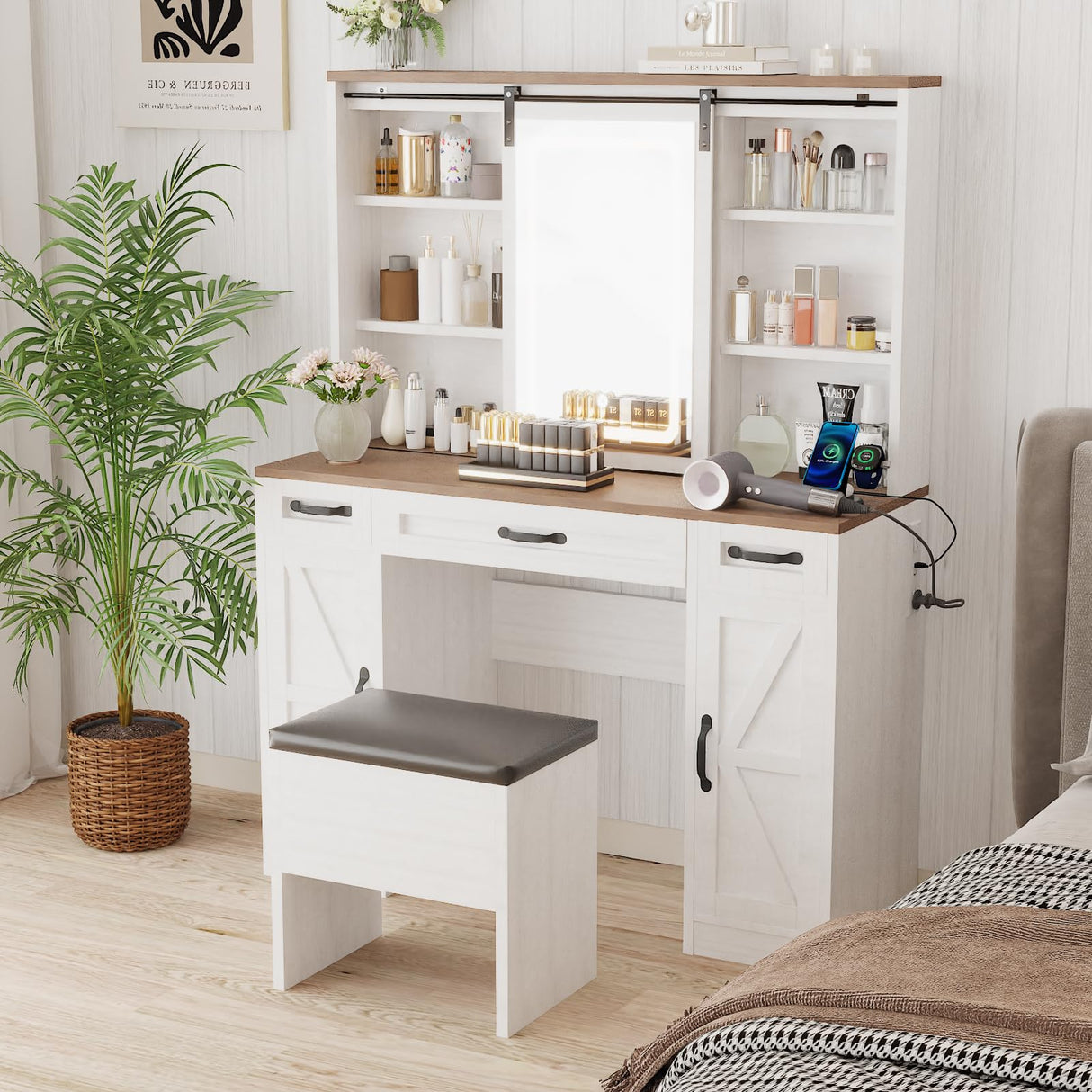 43" Farmhouse Makeup Vanity Desk with Lights and Chair, Vanity Table with Sliding Mirror and Power Strips, 3 Drawers & 2 Cabinets, Open & Hidden Shelves, Stool Included, White Dressing Table amzzar