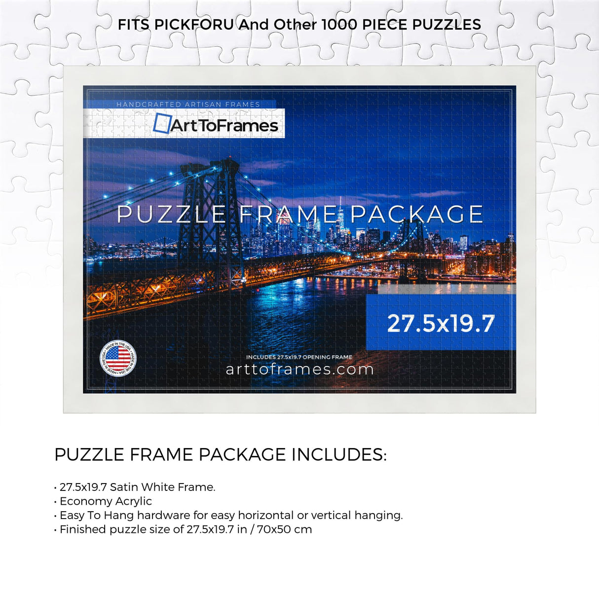 ArtToFrames 27.5x19.7 INCH/70x50 CM White Frame for 1000 Piece Puzzles.This 1.25 Inch Custom MDF Puzzle Frame is White - Comes with Economy Acrylic (Puzzle5179-27.5x19.7) ArtToFrames