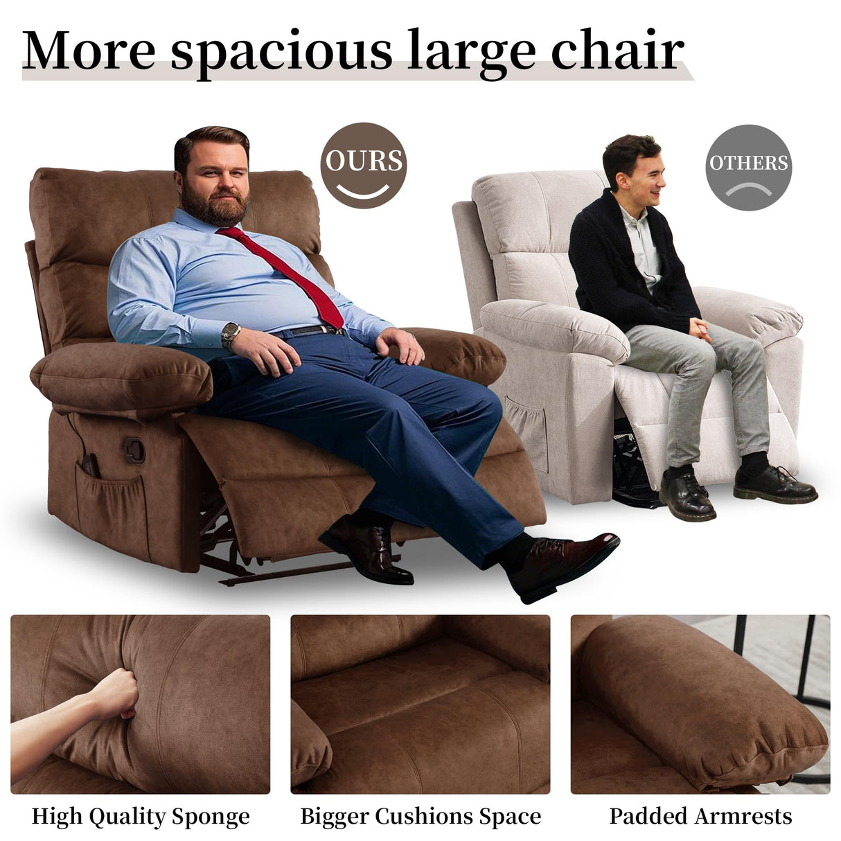 HOMYEDAMIC Oversized Recliner Chair, Plus Size 28 inch Large Wide Seat Manual Flannel Recliner with Pockets, Lumber Pillow 350 lb Capacity for Living Room Adults HOMYEDAMIC