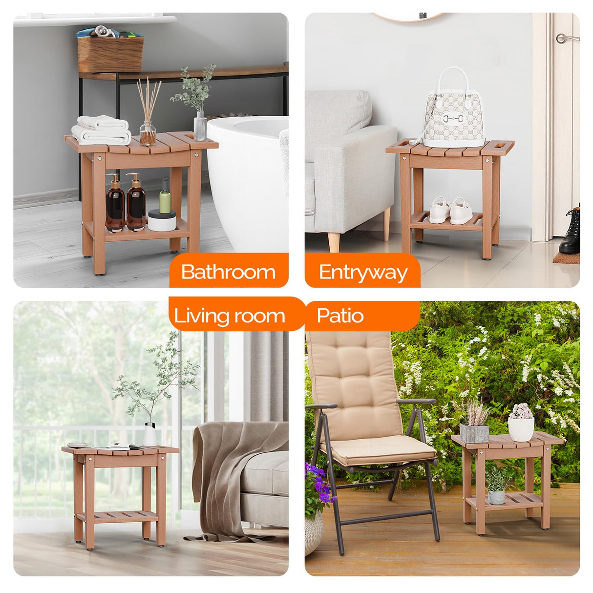 VINGLI 18 Inch HDPE Outdoor Patio Garden Small Bench Seat, Waterproof Shower Bench, Backless HDPE Stools Chairs for Inside Shower, Outdoor Short Stools (Teak) VINGLI