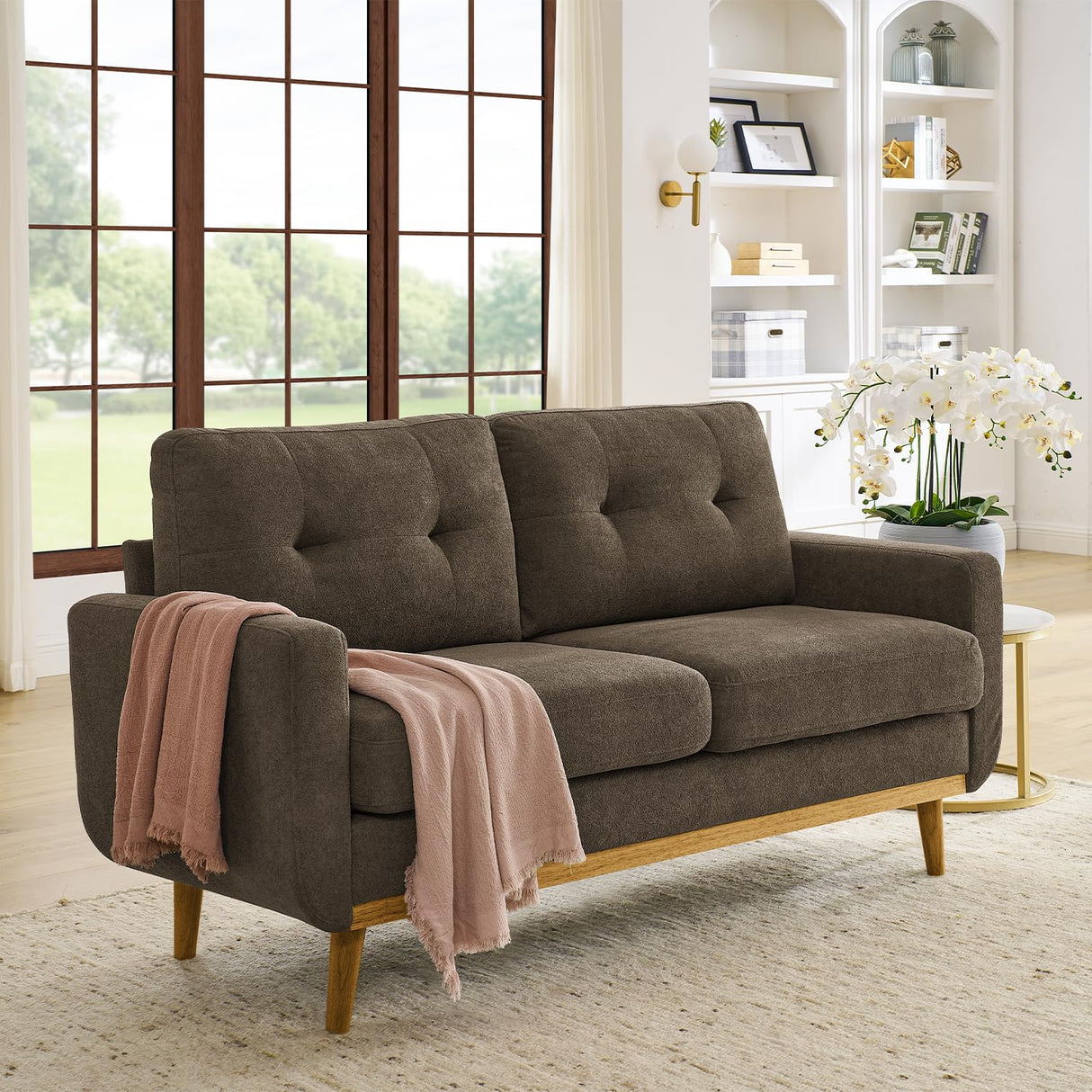 65" W Brown Loveseat Sofa, Mid Century Modern Love Seat Couches for Living Room, Button Tufted Upholstered Small Couch for Bedroom, Solid Wood Legs and Easy to Install Love Seats Furniture (Brown) Klwenas Maec