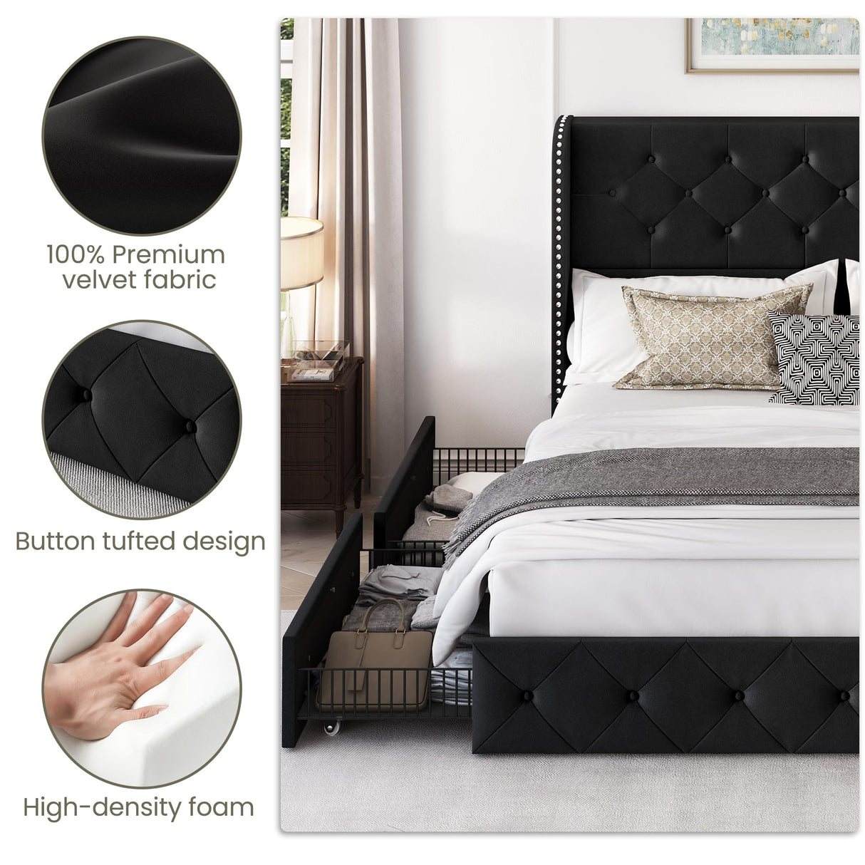 LARMACE Queen Size Bed Frame with 4 Storage Drawers and Wingback Headboard Upholstered Platform Beds Velvet Tufted Bed Frame with Wooden Slats Support, Easy Assembly, Black LARMACE