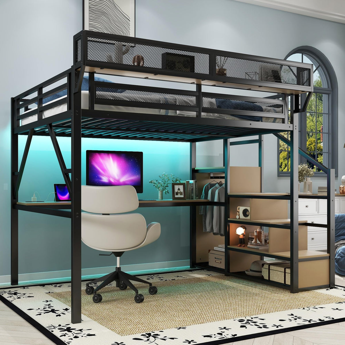 Mirightone Gaming Queen Loft Bed with Desk and Stairs, Metal Lofts Bed ...