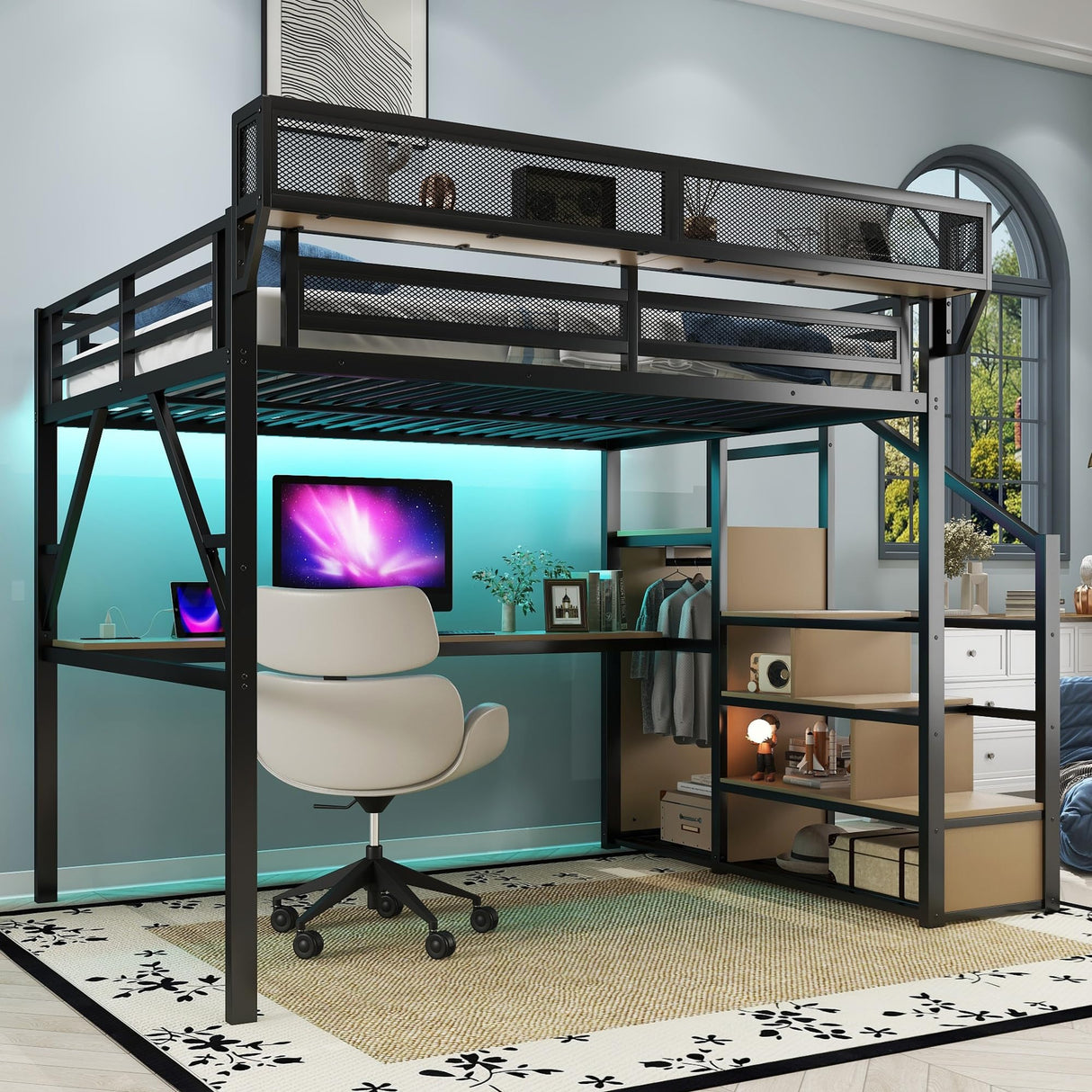 Mirightone Gaming Queen Loft Bed with Desk and Stairs, Metal Lofts Bed Queen Size with Upper Storage Shelf, High LoftBed with Light, USB Charging Station and Wardrobe for Adults, Teens, Black Mirightone