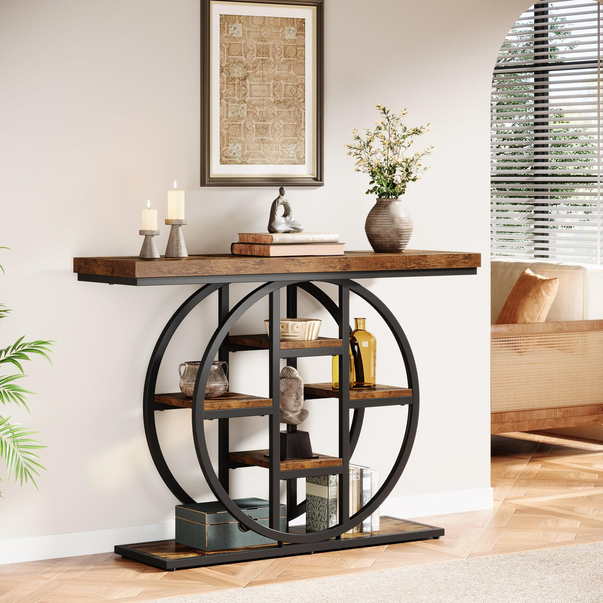 Celaform 41" Console Table, 4-Tier Entryway Table with Circle Base, Industrial Narrow Wood Sofa Accent Tables with Storage Shelves for Living Room, Hallway, Foyer, Rustic Brown Celaform