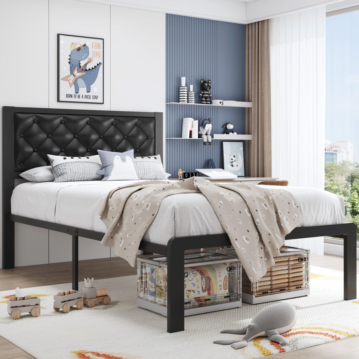 HISOFT Twin Bed Frame with Upholstered Button Tufted Headboard, Bed Frame Platform Metal Slats Support, Under Bed Storage, No Box Spring Needed, Noise-Free, Easy Assembly, Black HISOFT