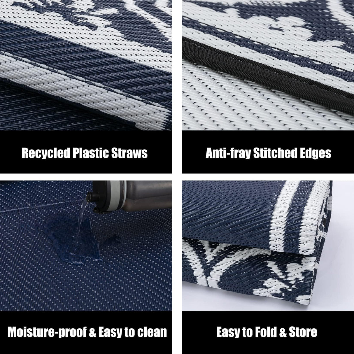 HUGEAR RV Outdoor Rug Waterproof Mat 9'x12' Camping Carpet Blue Outside Area Rugs Reversible Rugs for Deck Entryance Porch Picnic Balcony Beach HUGEAR