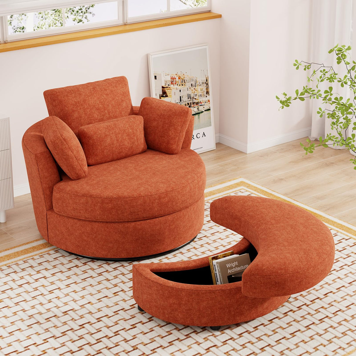 JEEOHEY Oversized Swivel Accent Chair with Half Moon Storage Ottoman, 42" W Chenille Round Swivel Barrel Chair, Modern Upholstered Comfy Single Sofa Armchair for Living Room, Bedroom, Club(Orange) JEEOHEY