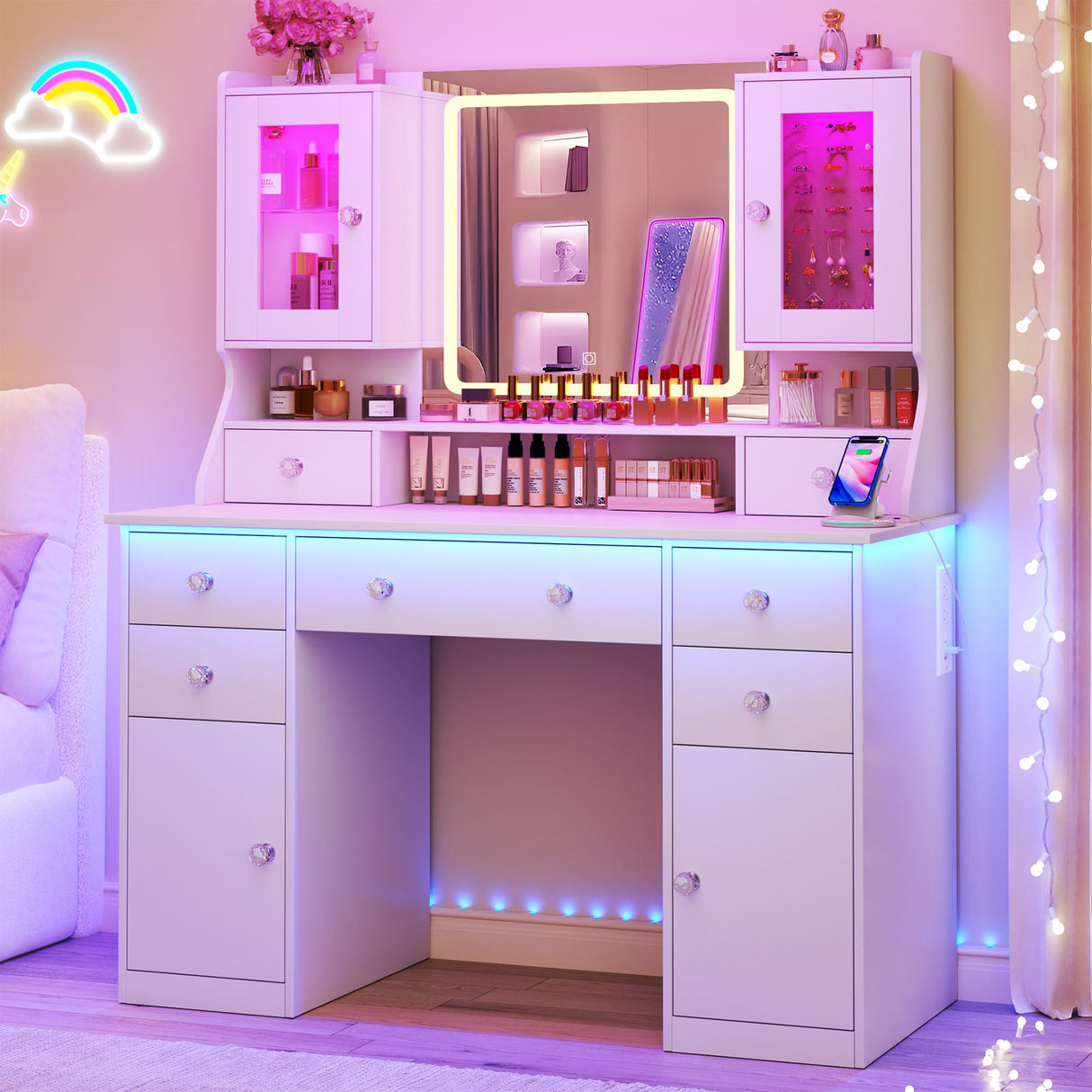 Vanity Desk with Mirror & Lights, 42‘’ Large Makeup Vanity with 2 RGB Jewelry Cabinets & 7 Drawers, White Vanity Table Set with Charging Station, Dressing Table with Lights Desk, 3 Light Modes ALEXNUTRE