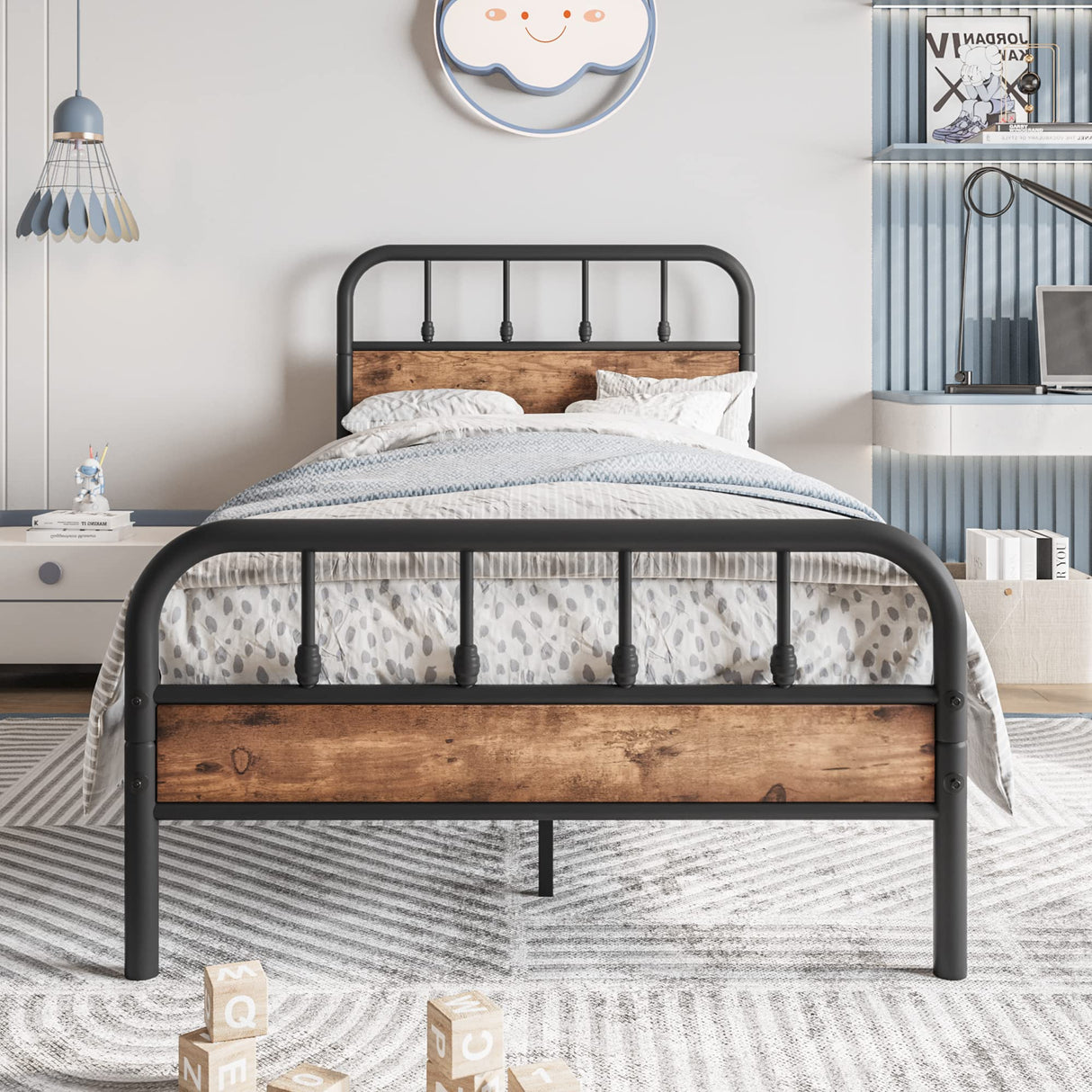 Elegant Home Products Metal Bed Frames with Heavy Duty Steel Slat,Hearboard and Footboard No Box Spring Needed Easy Assembly for Living Room(Twin,Black) Elegant Home Products