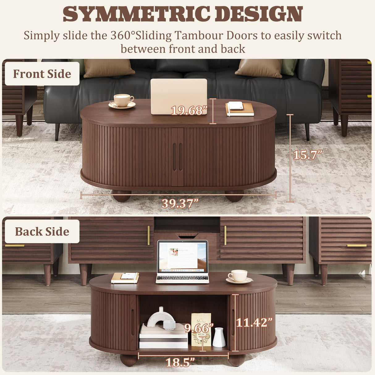 Alohappy Oval Coffee Table, Mid Century Modern Coffee Table with Sliding Tambour Doors, Fluted Center Table with Hidden Storage for Living Room, Dining Room, Apartment, Home Office, Dark Brown Alohappy