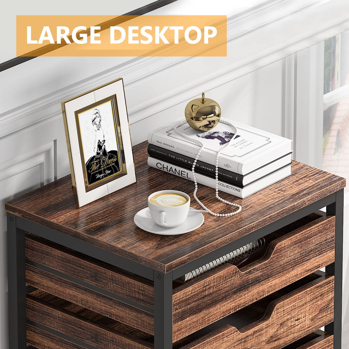 Tribesigns 5 Drawer Chest, Wood Storage Dresser Cabinet with Wheels, Industrial Storage Drawer Organizer Cart for Office Bedroom Entryway (Rustic Brown, 1 PC) Tribesigns