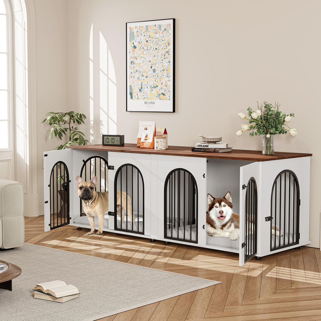71" Large Dog Crate Furniture for 2 Dogs, Wooden Double Dog Crate with Door, Indoor Dog Kennel TV Stand with Divider and Cushion for Large Medium Dogs,White/Brown GarveeHome
