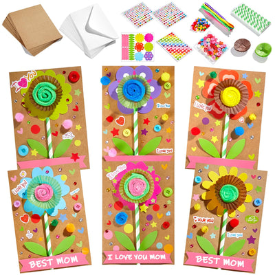 24 Packs Mother's Day Crafts for Kids 3D Flower Greeting Card Making Kit Happy Mothers Days Paper DIY Art Craft Set with Foam Stickers Straws Cake Cups Handmade Gifts for Mom Classroom Activity