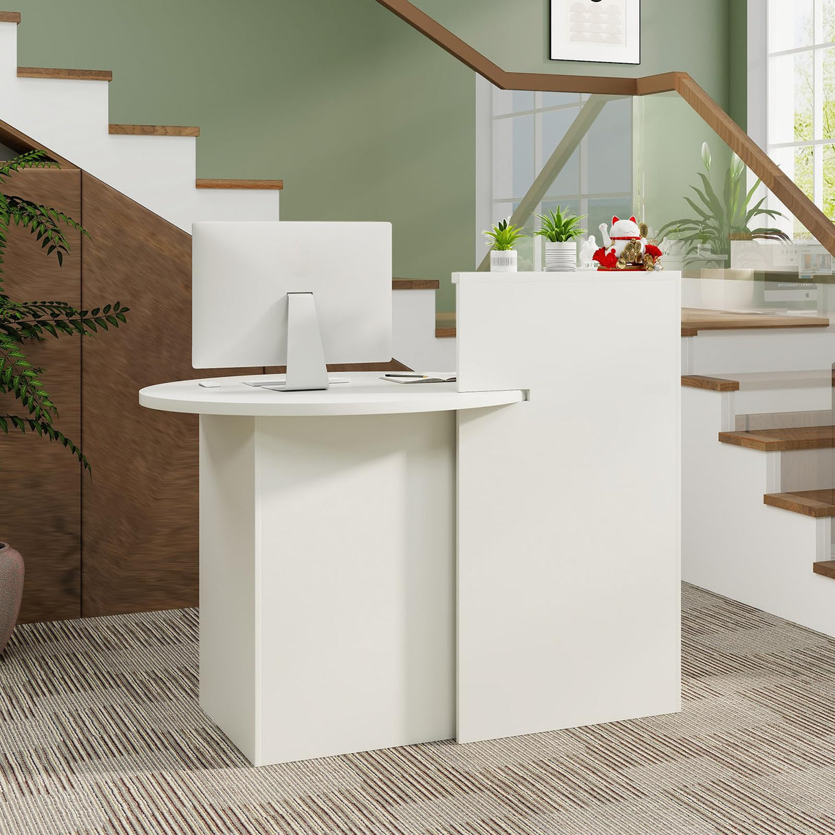 SILKYDRY Reception Desk, Small Retail Checkout Counter with Lockable Drawer and Open Shelves, Wooden Front Desk Reception Counter, Oval Desktop & L Counter for Store Office Lobby Salon (White) SILKYDRY