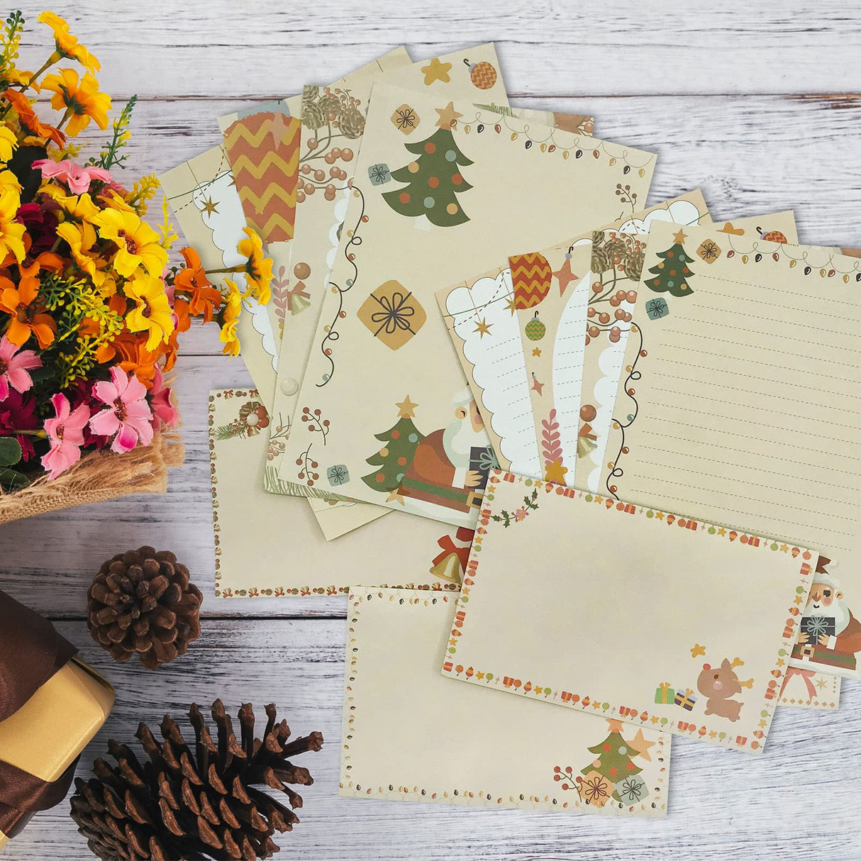 SCStyle Christmas Stationary Paper and Envelopes Set 72Pcs(48Sheets Christmas Letter Paper+24Pcs Christmas Cute Envelopes) With Water-Based Adhesive,4 Styles Christmas Design Stationary Set(S4) SCStyle