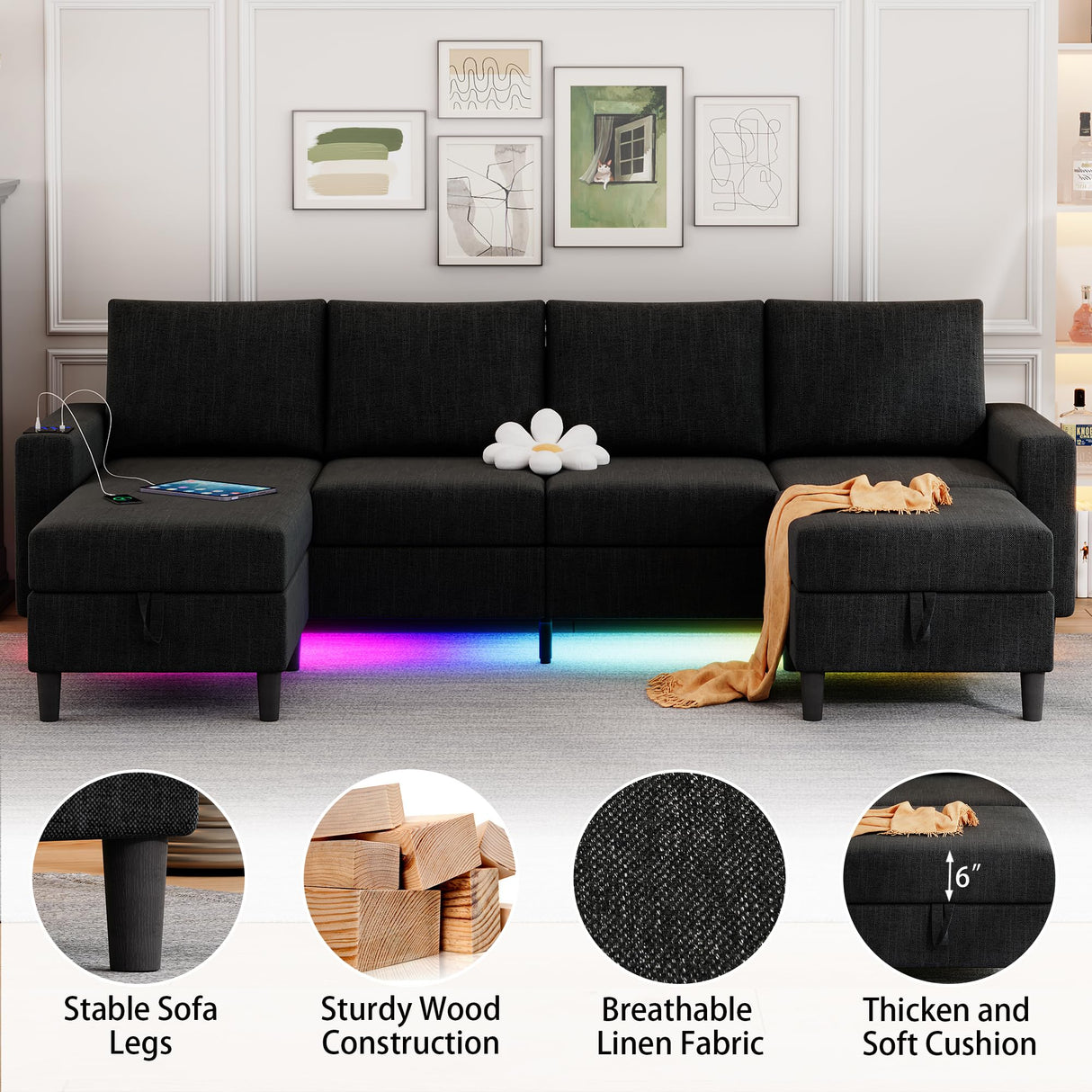 HYZQ Sectional Couches for Living Room, 4 Seat Linen Sectional Sofa with Reversible Chaise Lounge/Storage Ottoman, U Shaped Couch with Smart Module-Wireless Charging/USB/Type-C/RGB Light (Black) HYZQ