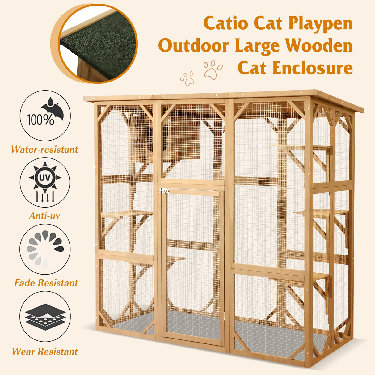 Grepatio Catio Outdoor Cat Enclosure, Large Outdoor Cats Kitten Enclosures with Weatherproof, Indoor Wood Catio House with 5 Platform and 1 Removable Cat Litter Box (Natural) Grepatio