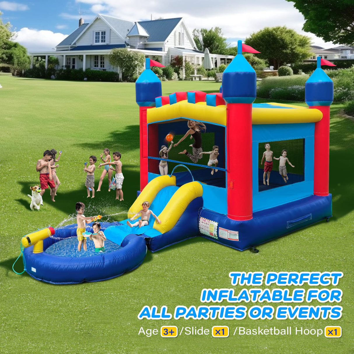 JOYMOR Commercial Grade Bounce House w/Slide and Pool for Adults and Big Kids, 12x12FT Jumping Area, 100% PVC Vinyl Commercial Water Slide with Water Cannon for Outdoor Backyard (with Blower) JOYMOR