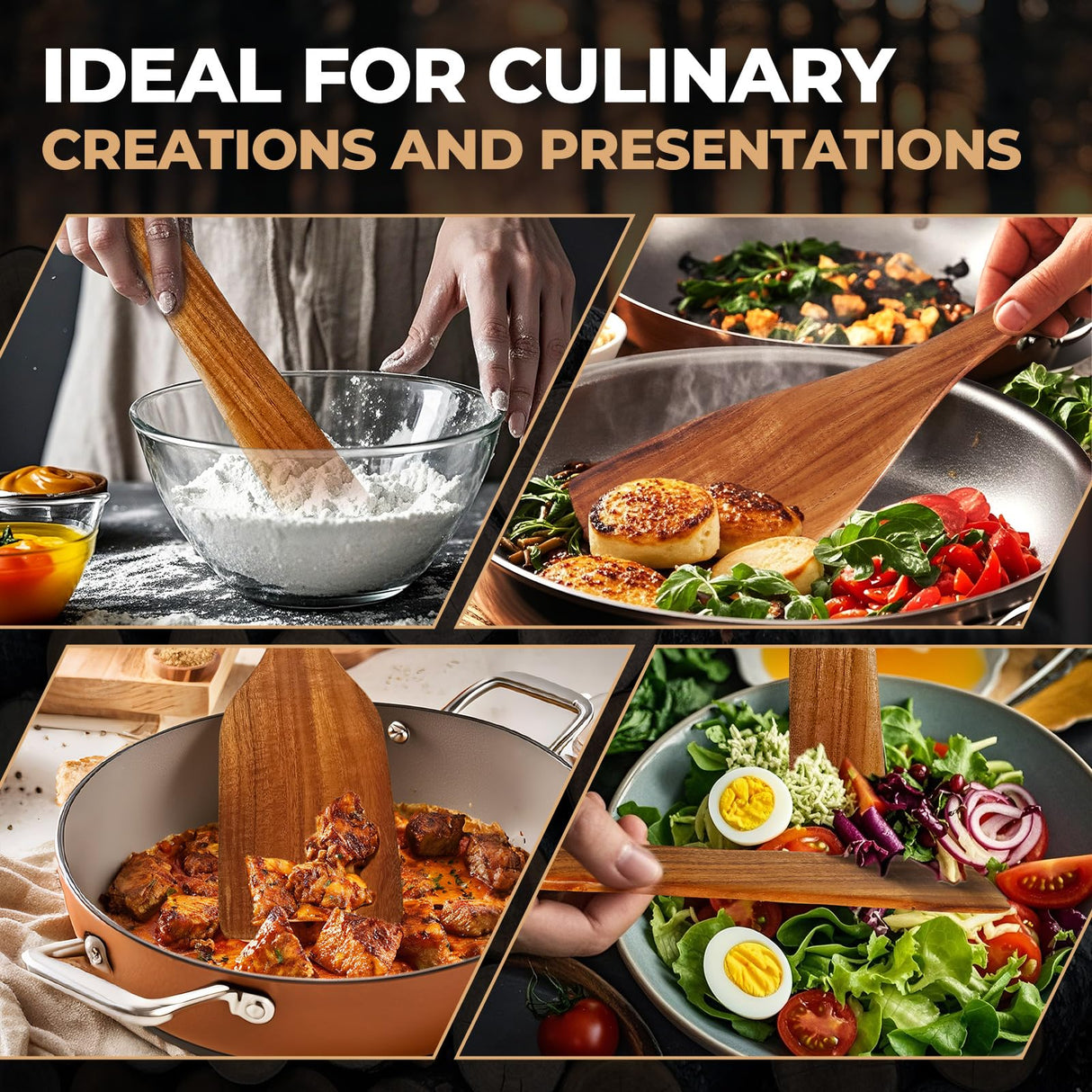 Handmade Wooden Cooking Utensils, Premium Natural Teak Wood Turner Set for Any Cookware, Long Handle Nonstick Spatula for Kitchen Use, Set of 4 AIUHI