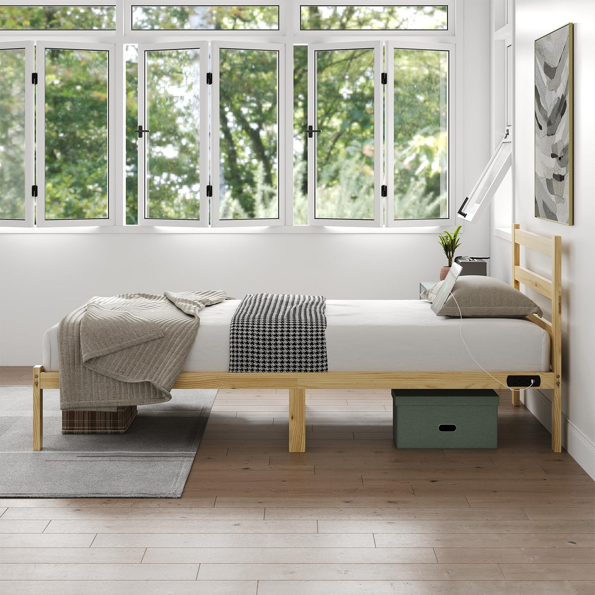 PUNICE Wooden Twin Size Bed Frame with Headboard, Wood Platform Bed Frame with Charging Station, Solid Wood Slat Support, 8.6 Inch Space Underneath, No Box Spring Needed, Easy Assembly PUNICE