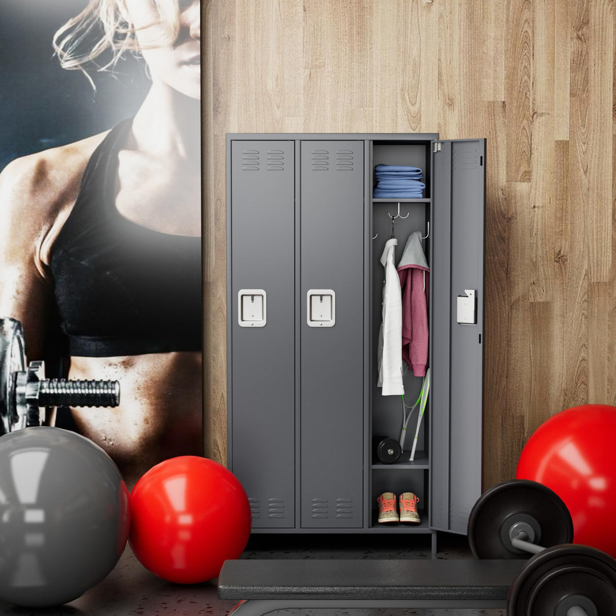 SUPEER Metal Employee Lockers with 3 Doors,Metal Locker with 9 Hooks for Office Gym Garage Home,Assembly Required,Dark Grey SUPEER