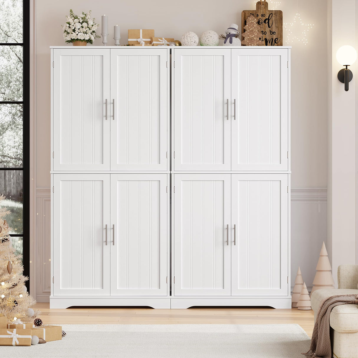 HITHOS 71.3" Tall Kitchen Pantry Storage Cabinet, Modern Hutch Cabinet with Storage Shelves, Food Pantry Cabinet with Storage & Silver Handle, Freestanding Cupboard for Dining Room, Living Room, White HITHOS