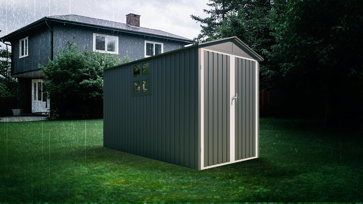 6x10 FT Outdoor Storage Shed, Metal Motorcycle Shed with Track & Fixing Device, Storage Building with Window & Lockable Hinged Doors, Waterproof Outside Garage Sheds for Garden, Backyard, Gray+White BNSPLY