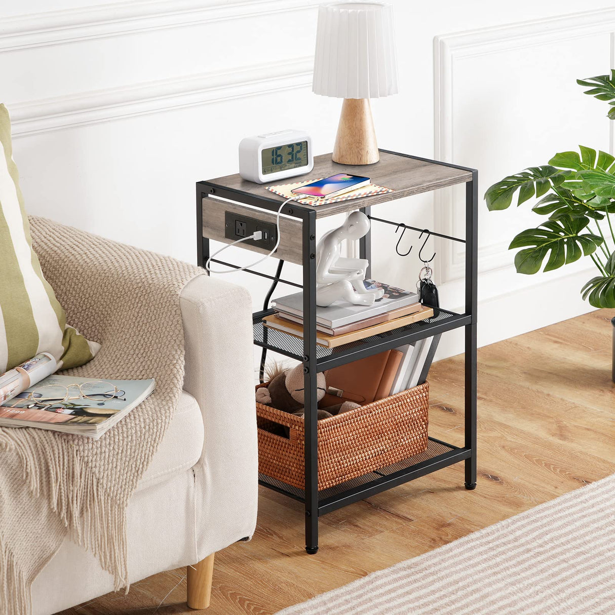 HOOBRO Industrial Printer Stand, 3-Tier Mobile Printer Table, Rolling Cart with Power Outlets and USB Ports, Home Printer Stand with 2 Hooks, for Office, Living Room, Greige and Black BG22UPS01 HOOBRO