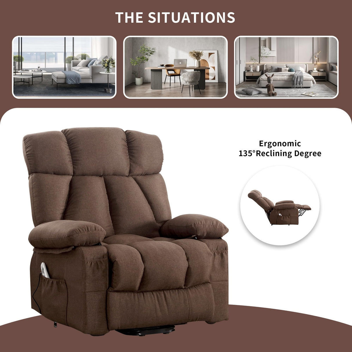 jonpony Power Lift Recliner Chair for Elderly, Lift Chair with Massage and Heat for Living Room, Fabric Electric Recliner Chairs with Side Pockets, USB Charge Port,Brown jonpony