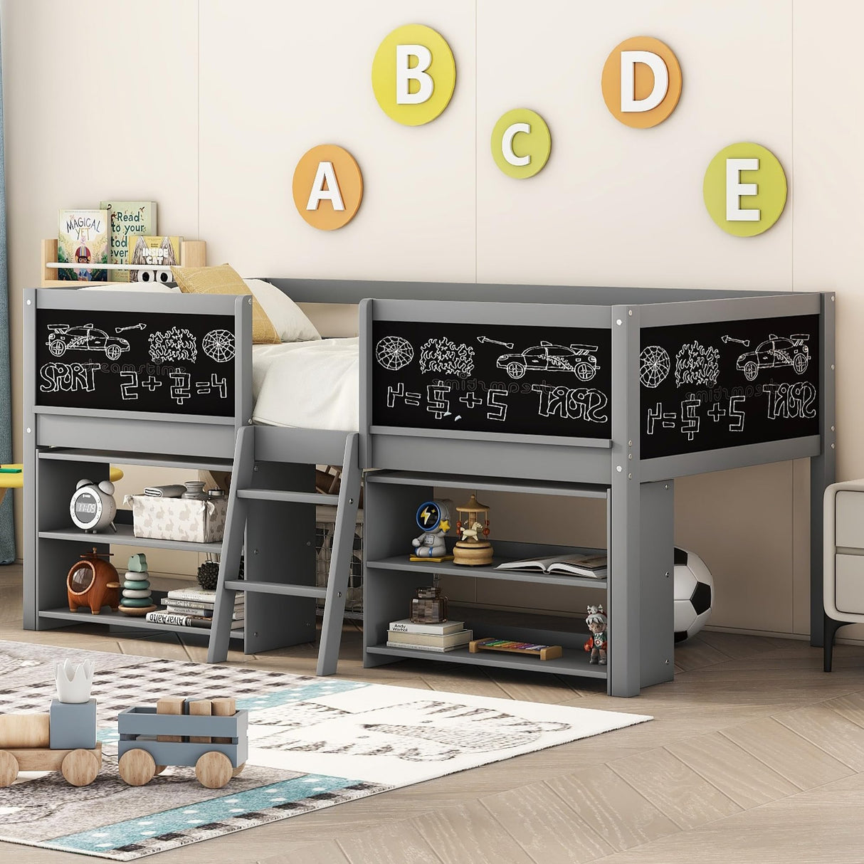 Bellemave Twin Low Loft Bed with Movable Shelves, Chalkboard, and Storage - Gray Bellemave