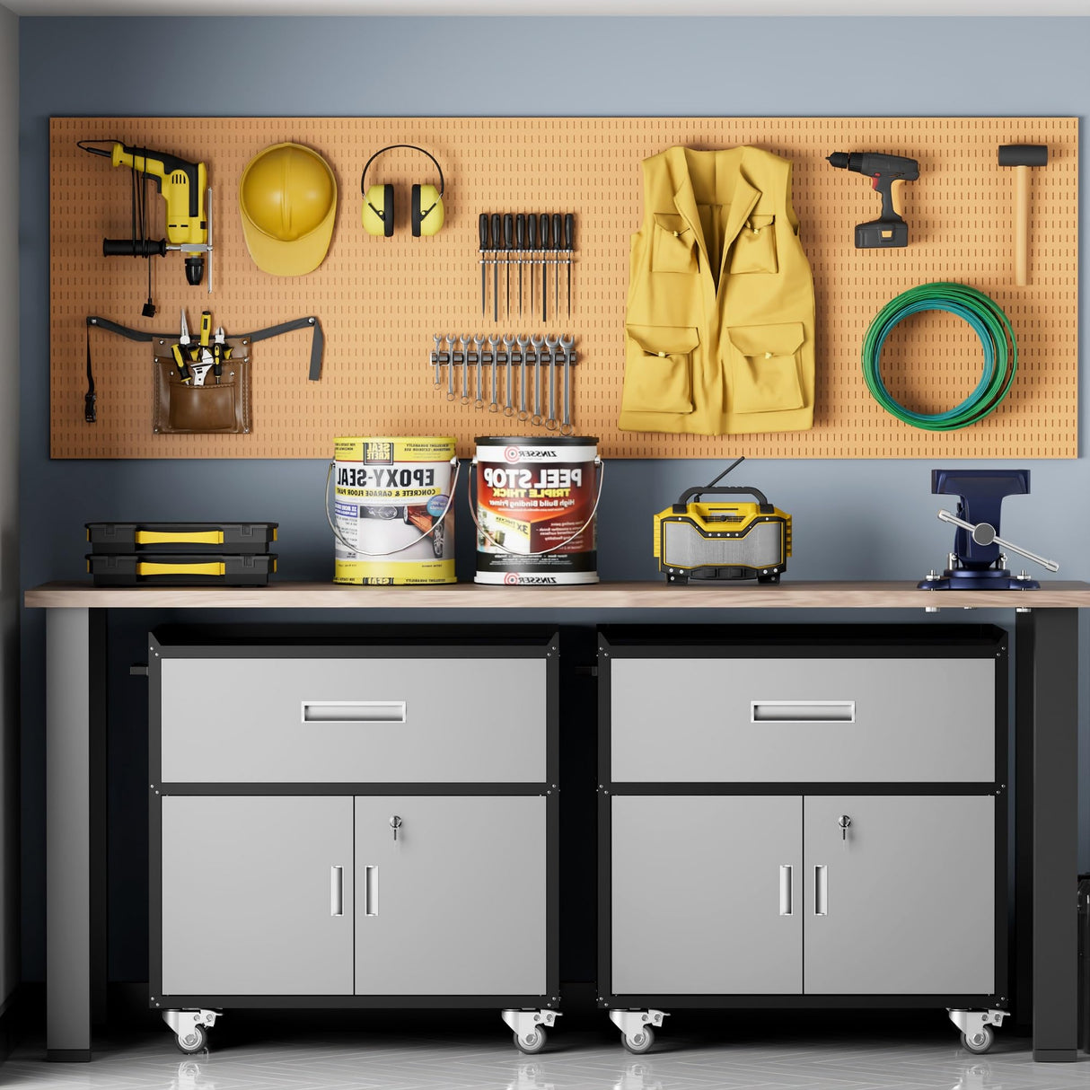 LCAOPC Metal Garage Storage Cabinet with Wheels, Lockable Rolling Tool Chest with Wheels, Tool Cabinet on Wheels, Utility Cabinet for Home, Office, Garage and Workshop, Black & Gray LCAOPC