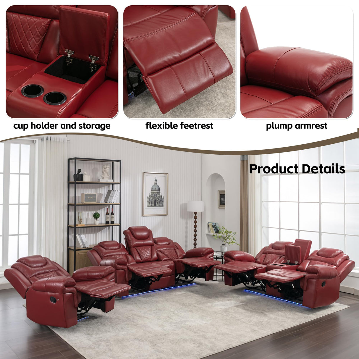 Olodumare 3 Pieces Living Room Furniture Sets,Recliner Leather Sectional Sofa, Home Theater Seating Manual Recliner with Center Console and LED Light Strip for Living Room, Office.Wine Red(3+2+1 Olodumare