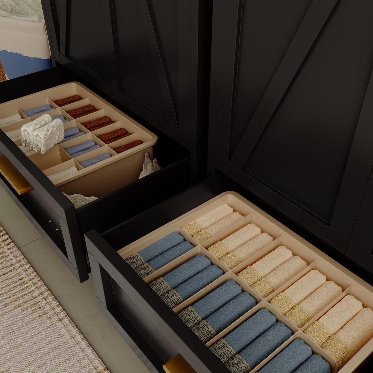 Washsemba 71'' Black Farmhouse Metal Wardrobe Cabinet with Hanging Rod, 2 Barn Door Wardrobe Closet with Adjustable Shelves,Drawer,for Dining Room,Bedroom,Living Room, Cloak Room,Office Washsemba